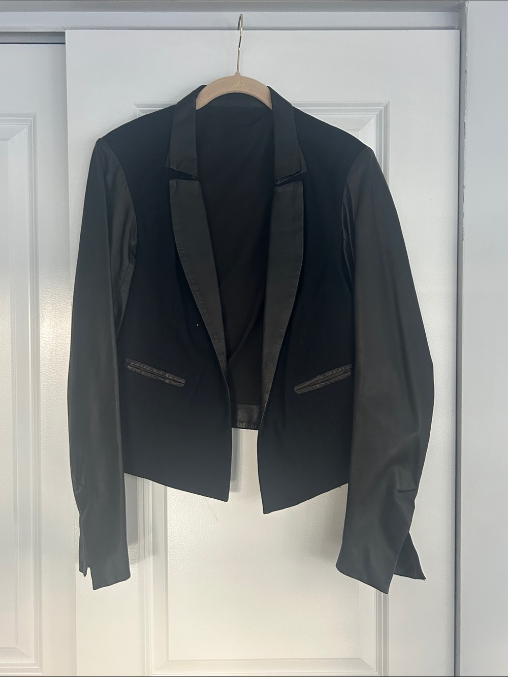 Women's Black Leather Sleeves and Trim Cropped Blazer